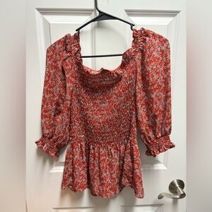 Max Studio Off-the-Shoulder Red Floral Smocked Top, size small